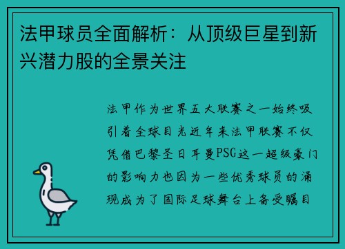 法甲球员全面解析：从顶级巨星到新兴潜力股的全景关注