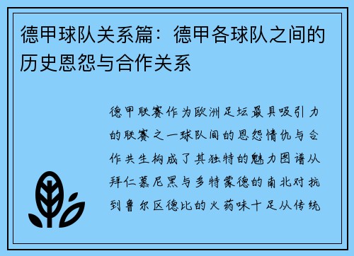 德甲球队关系篇：德甲各球队之间的历史恩怨与合作关系