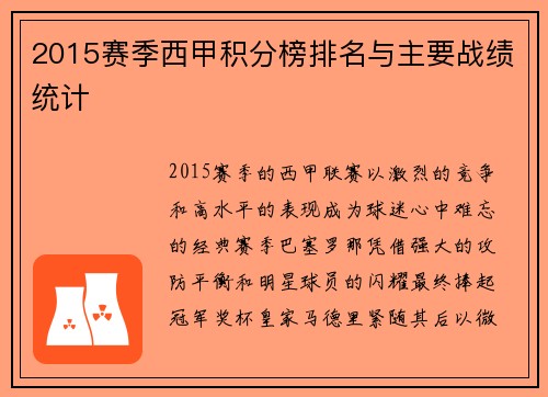 2015赛季西甲积分榜排名与主要战绩统计