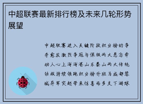 中超联赛最新排行榜及未来几轮形势展望